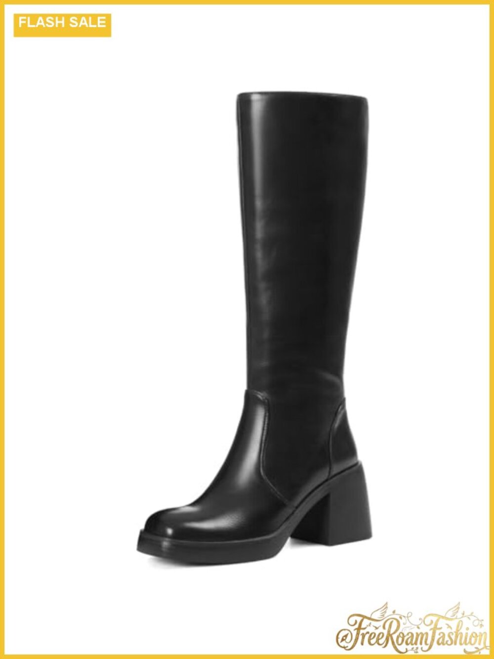 Womens Knee High Platform Boots with Chunky Heel, Square Toe, Wide Calf